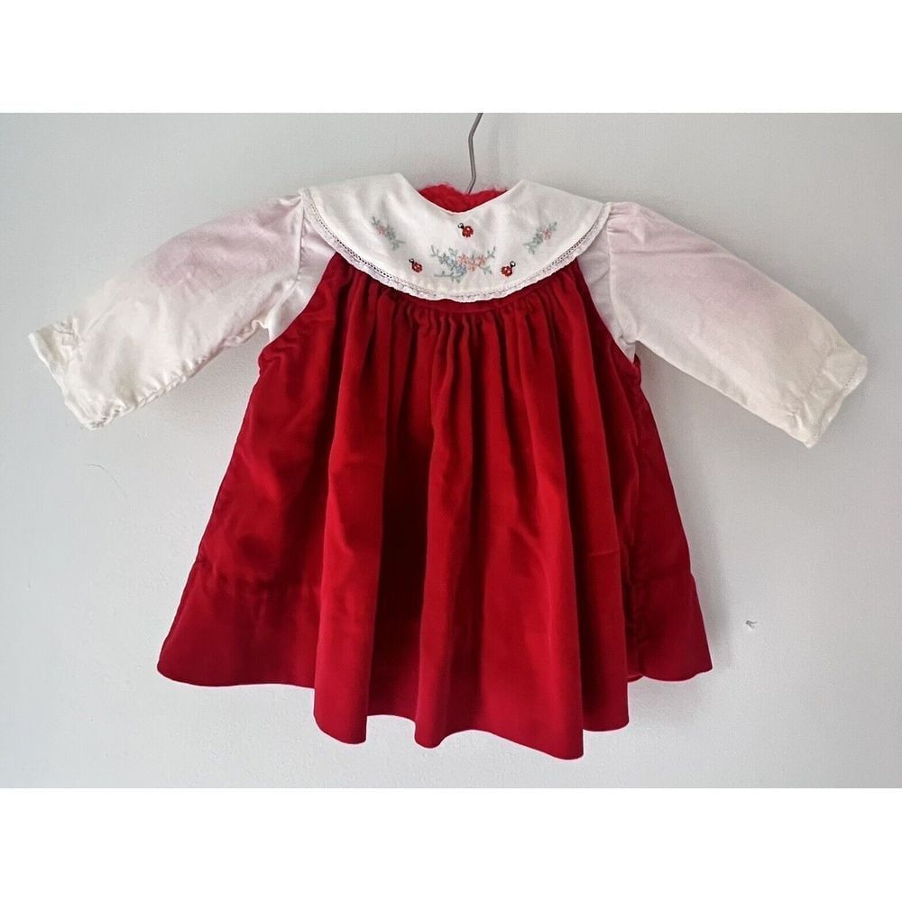 Vintage Baby Girl Red Velvet Dress Embroidered Bib Collar 2 Piece Ladybug Eyelet